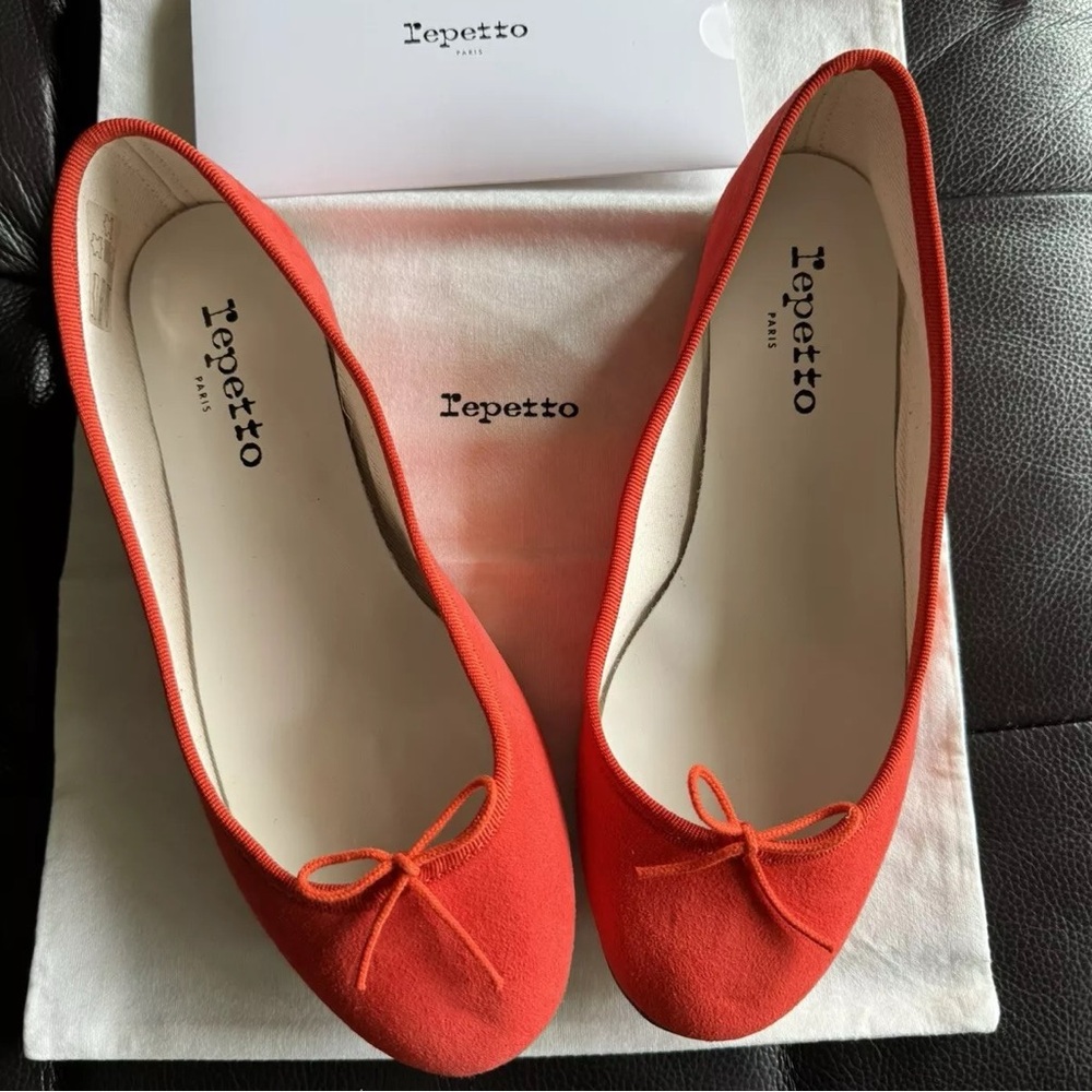 NEW IN BOX UNWORN Repetto Cendrillion Red/Orange Suede Ballet Flats 38